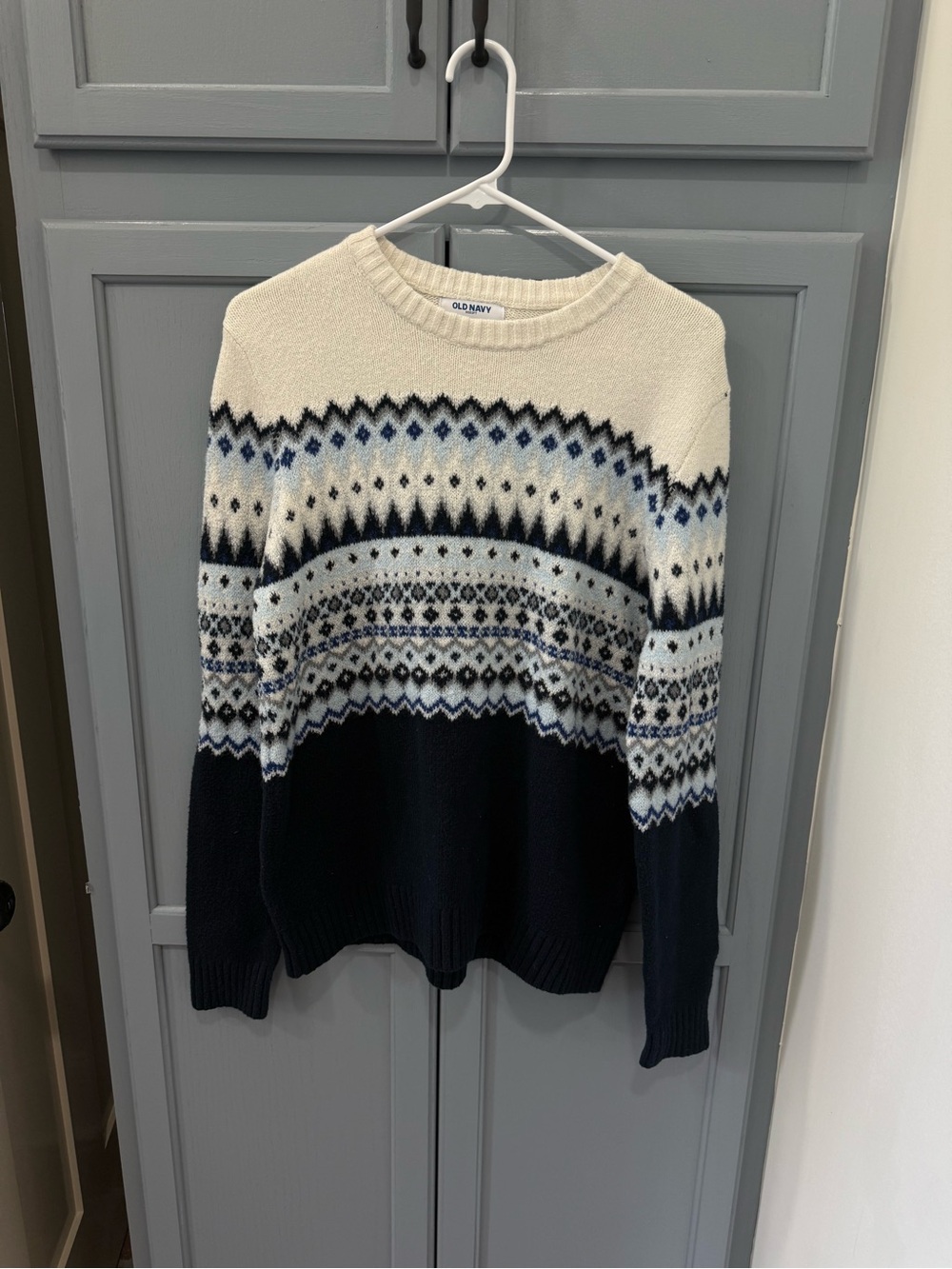 Old Navy Men's Cream and Navy Fair Isle Crewneck Sweater